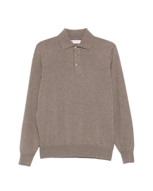 Brunello Cucinelli Gray Long-Sleeve Cashmere Polo Sweater for men
