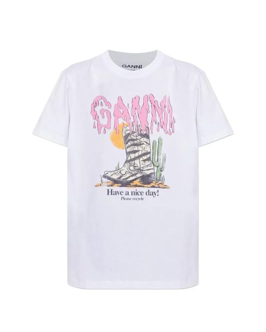 Ganni White Printed Cotton T-Shirt