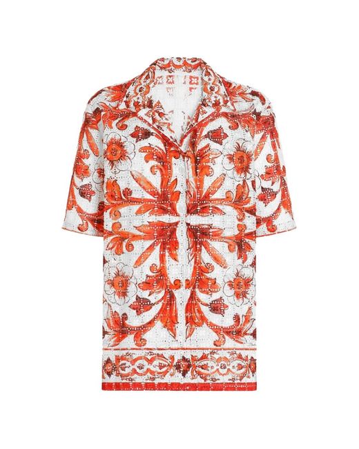 Dolce & Gabbana Red Majolica-Print Broderie Anglaise Lace Shirt