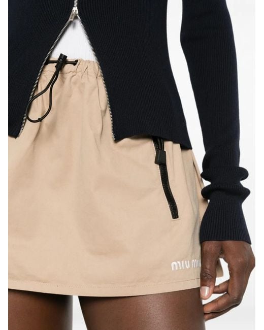 Miu Miu Natural Drawstring-Waist Logo-Print Skirt