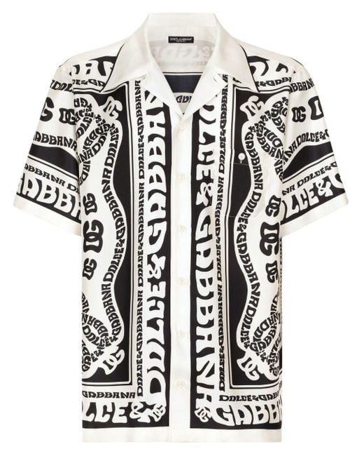 Dolce & Gabbana White Marina-print Silk Shirt for men