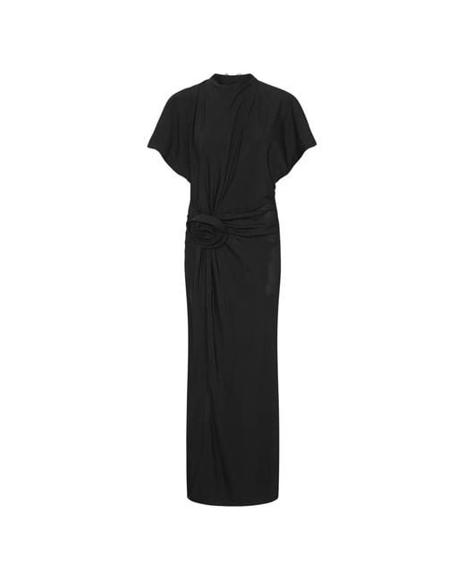 ROTATE BIRGER CHRISTENSEN Black Long Satin-Feel Dress With Side Slit, Rose Detail & Tie Neck Open Back