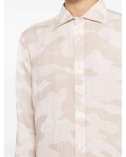 120% Lino White Camouflage-print Linen Shirt for men