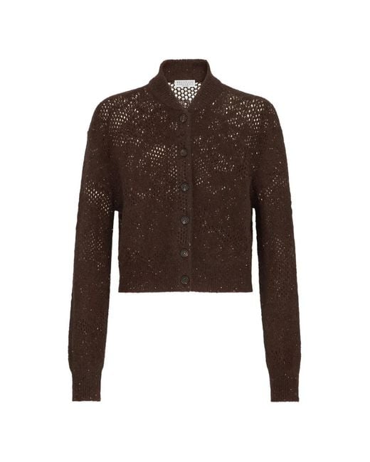 Brunello Cucinelli Brown Cardigan À Fleurs En Dentelle En Mohair Scintillant Et Laine Vierge