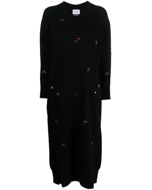 Barrie Black Floral-Embroidery Cashmere Dress