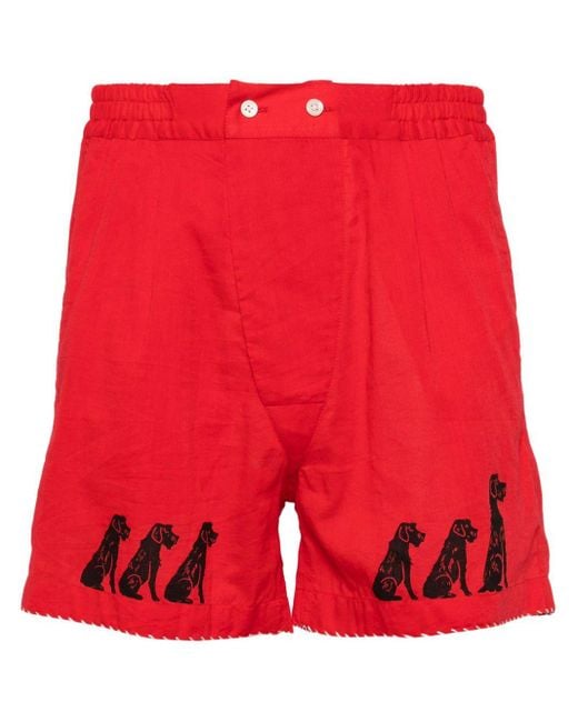 Bode Red Graphic-print Cotton Shorts for men