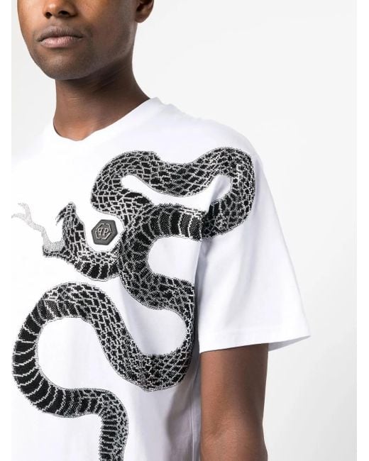 Philipp Plein White Embellished Snake-Print T-Shirt for men