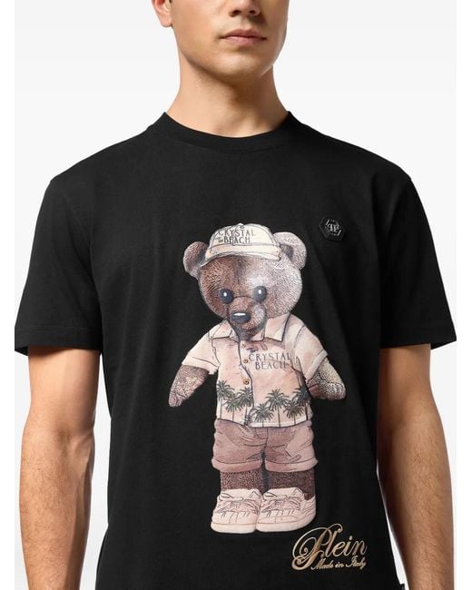 Philipp Plein Black Round Neck T-Shirt Teddy Beach for men