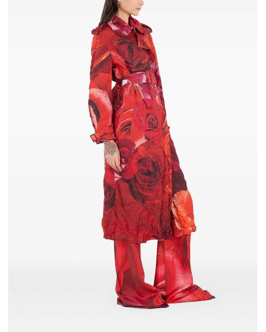 Roberto Cavalli Red Rose-Print Trench Coat