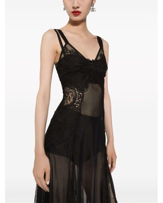 Dolce & Gabbana Black Lace-insert Flared Midi Dress