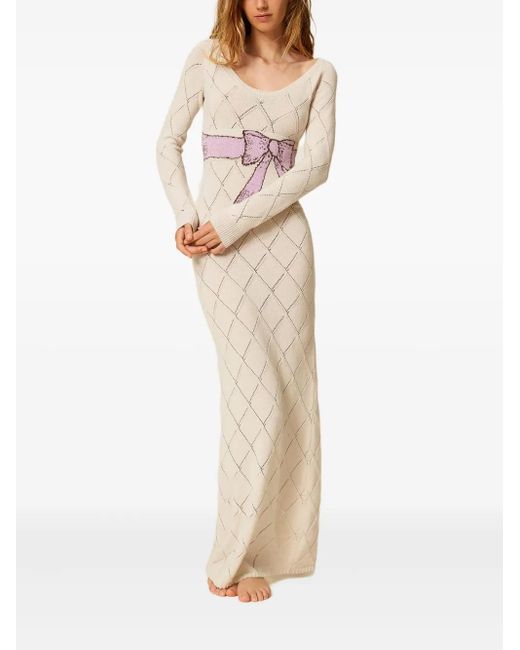 Twinset White X Marco Rambaldi Bow Diamond-Pattern Maxi Dress