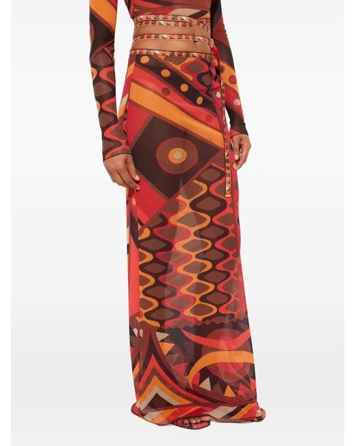 Emilio Pucci Red Geometric-Print Mesh Maxi Skirts