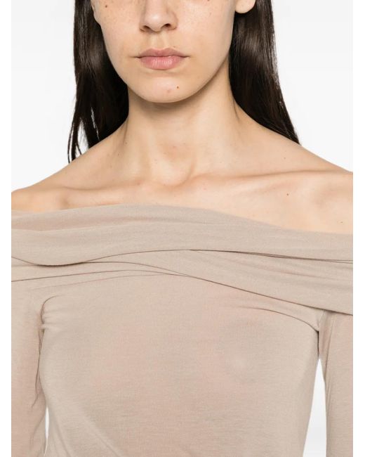 Rick Owens Natural Off-Shoulder Log-Sleeve T-Shirt