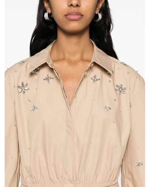 Self-Portrait Natural Cropped Cotton Blouse With Rhinestone Appliqués