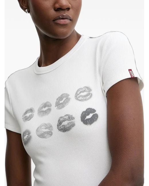 Miss Sixty Blue Lips-Print Ribbed T-Shirt
