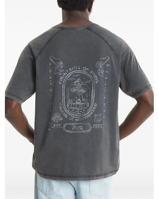 Maison Kitsuné Gray Fountain Stamp-Printed Faded T-Shirt for men
