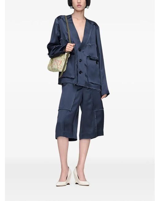 Maison Margiela Women's Blue Frayed-Edges Panel-Details Shorts
