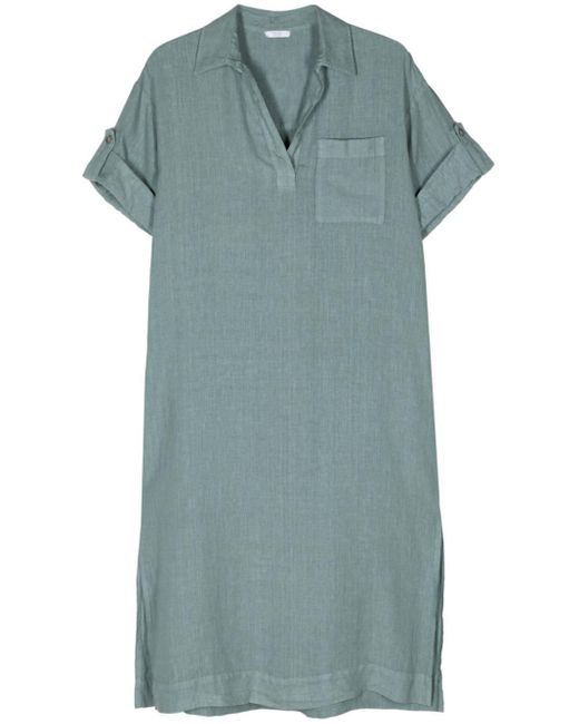 Peserico Blue Spread-collar Linen Midi Dress