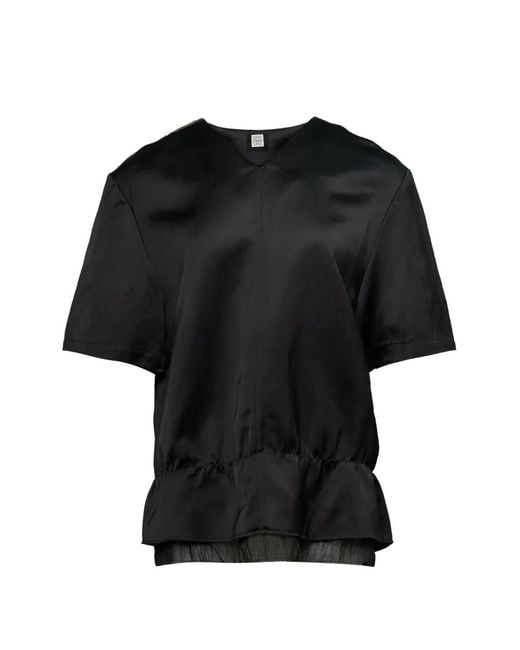 Totême Black V-Neck Gathered-Waist Top