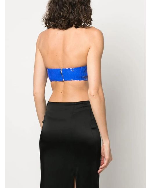 David Koma Blue Sequin-Embellished Strapless Crop Top