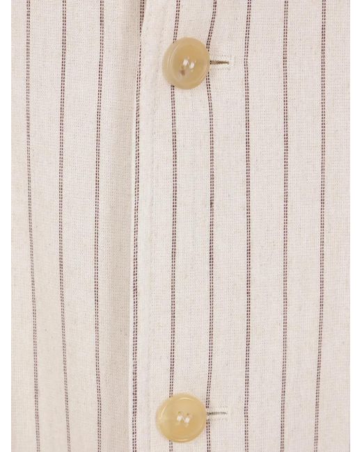 Hed Mayner White Pinstripe Collarless Blazer for men