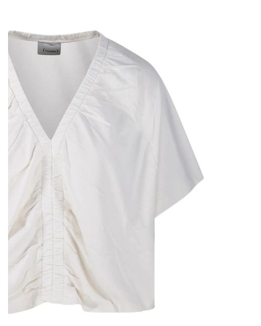 Nude White Gathered V-Neck T-Shirt