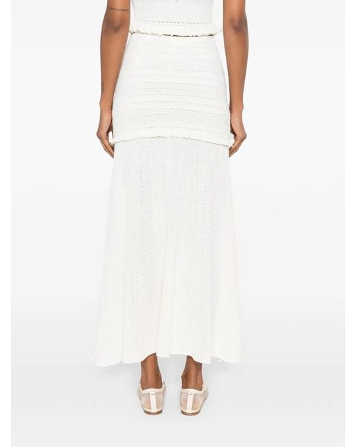 Sandro White Pointelle-Knit Ruffled Midi Skirt