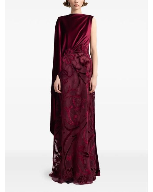 Gemy Maalouf Purple Velvet-Trim Embroidered Maxi Dress