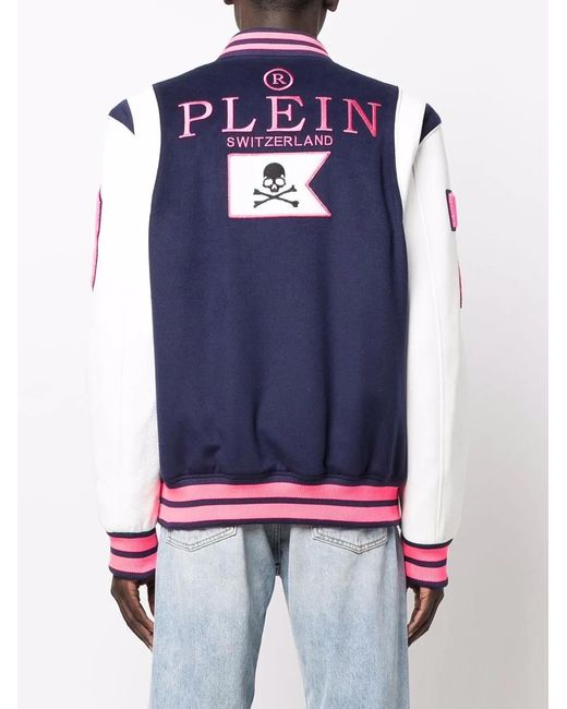 Philipp Plein Blue Embroidered-Logo Varsity Jacket for men
