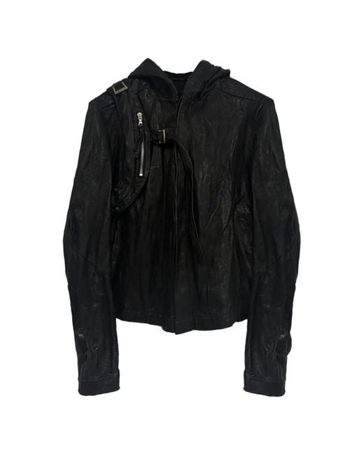 SAN263-1 Black Embroidered Hooded Leather Jacket for men
