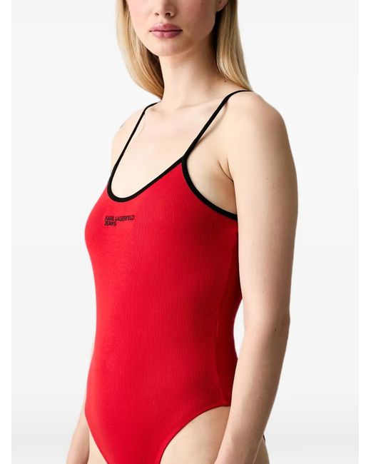 Karl Lagerfeld Red Logo-Print Ribbed Bodysuit