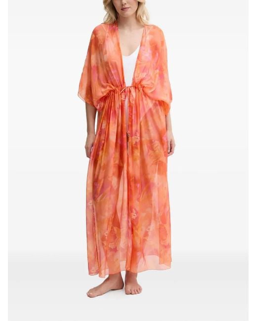 Guess Orange Floral-print Drawstring Beach Robe