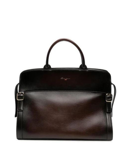 Santoni Black Burnished Leather Tote Bag for men