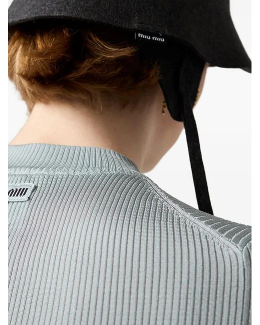 Miu Miu White Ribbed Logo-Patch T-Shirt