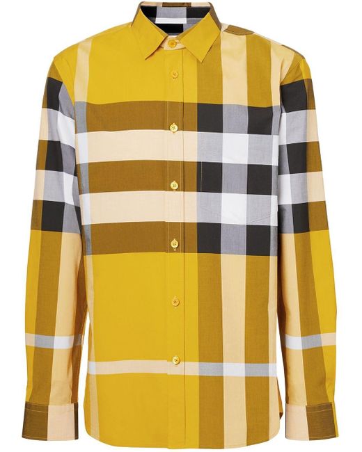 Burberry Yellow Spread-collar Checked Poplin Shirt for men