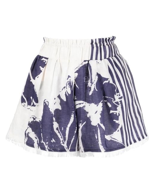 Silvia Tcherassi Blue Floral-Print Striped Cotton Shorts