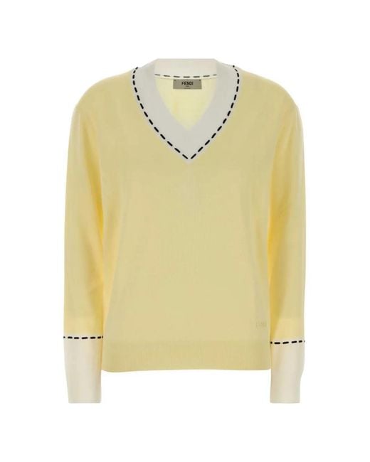 Fendi Yellow Selleria Contrast-Stitch V-Neck Sweater