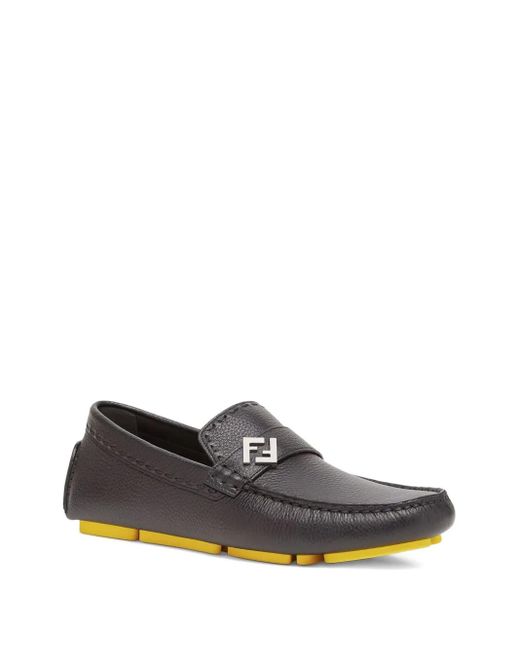Fendi Gray Leather Ff Logo Loafers for men
