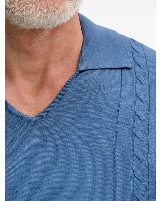 Benetton Blue Cable-Knit V-Neck Polo Shirt for men