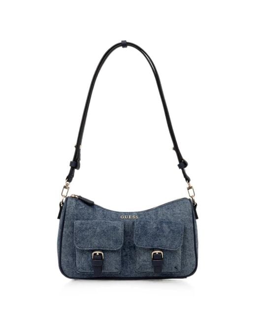 Guess Blue Kassie Buckle-Detail Denim Shoulder Bag
