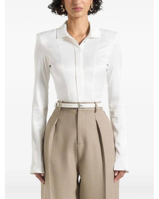 Manière De Voir White Louise Wide-Shoulder Satin Shirt Bodysuit