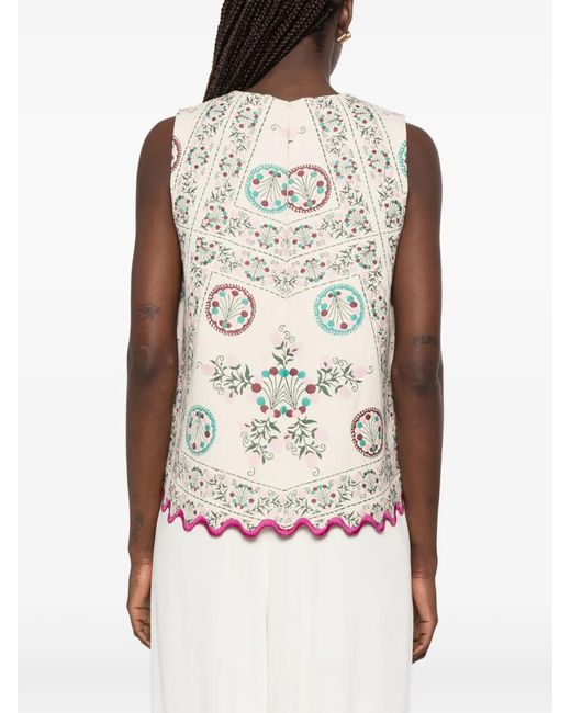 LaDoubleJ White Floral-Print Scalloped-Hem Blouse