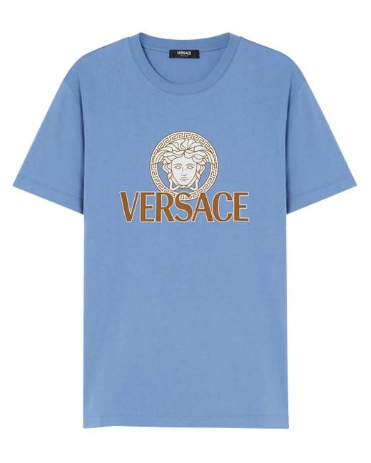 Versace Blue T-Shirt With Printed Logo for men