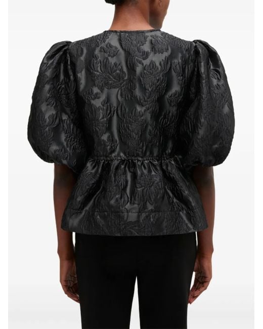Ganni Black Puff-Sleeve Bow Top