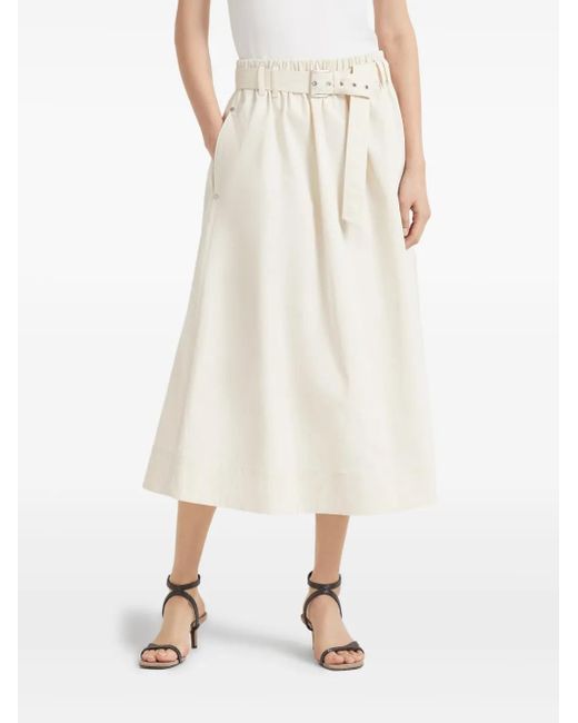 Brunello Cucinelli Natural Stretch Cotton Gabardine Belted Circle Skirt