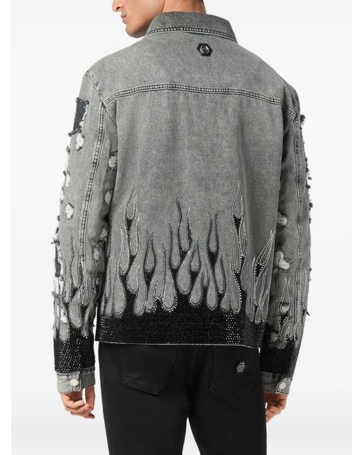 Philipp Plein Gray Strass Flame Oversize Denim Jacket for men
