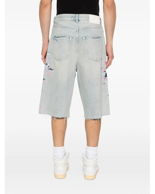 Purple Brand Blue Paint Splatter Frayed Shorts for men