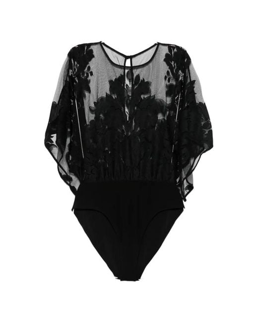 Norma Kamali Black Floral-Lace Draped-Sleeve Top