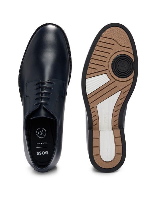 Boss Blue Leather Derby Shoes for men