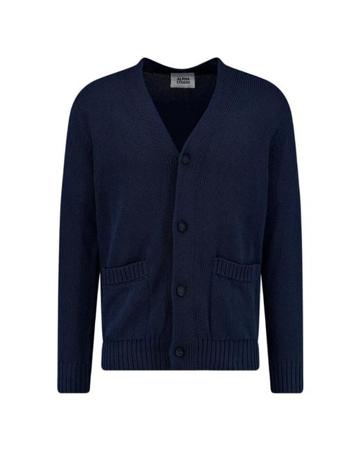 Alpha Studio Blue Ribbed-Trim Button-Up Cardigan for men